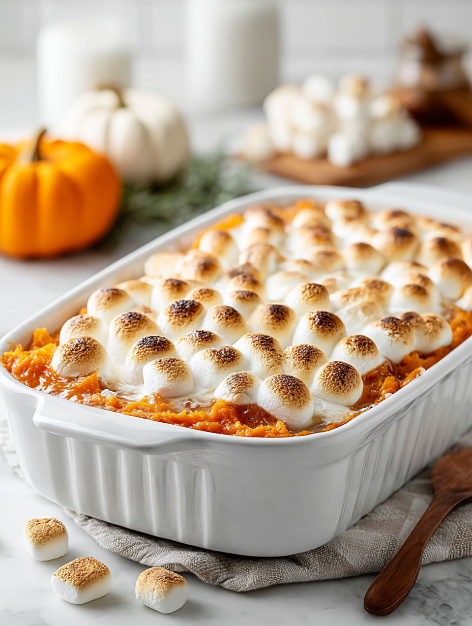 A white casserole dish filled with a sweet potato casserole and topped with marshmallows.