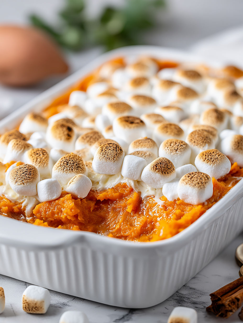 A casserole with marshmallows on top.