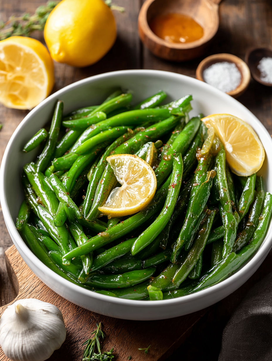 A bowl of green beans with lemon slices on top.