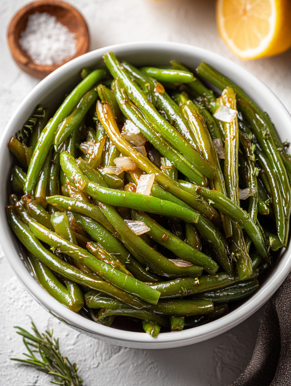 A bowl of green beans with onions and spices.