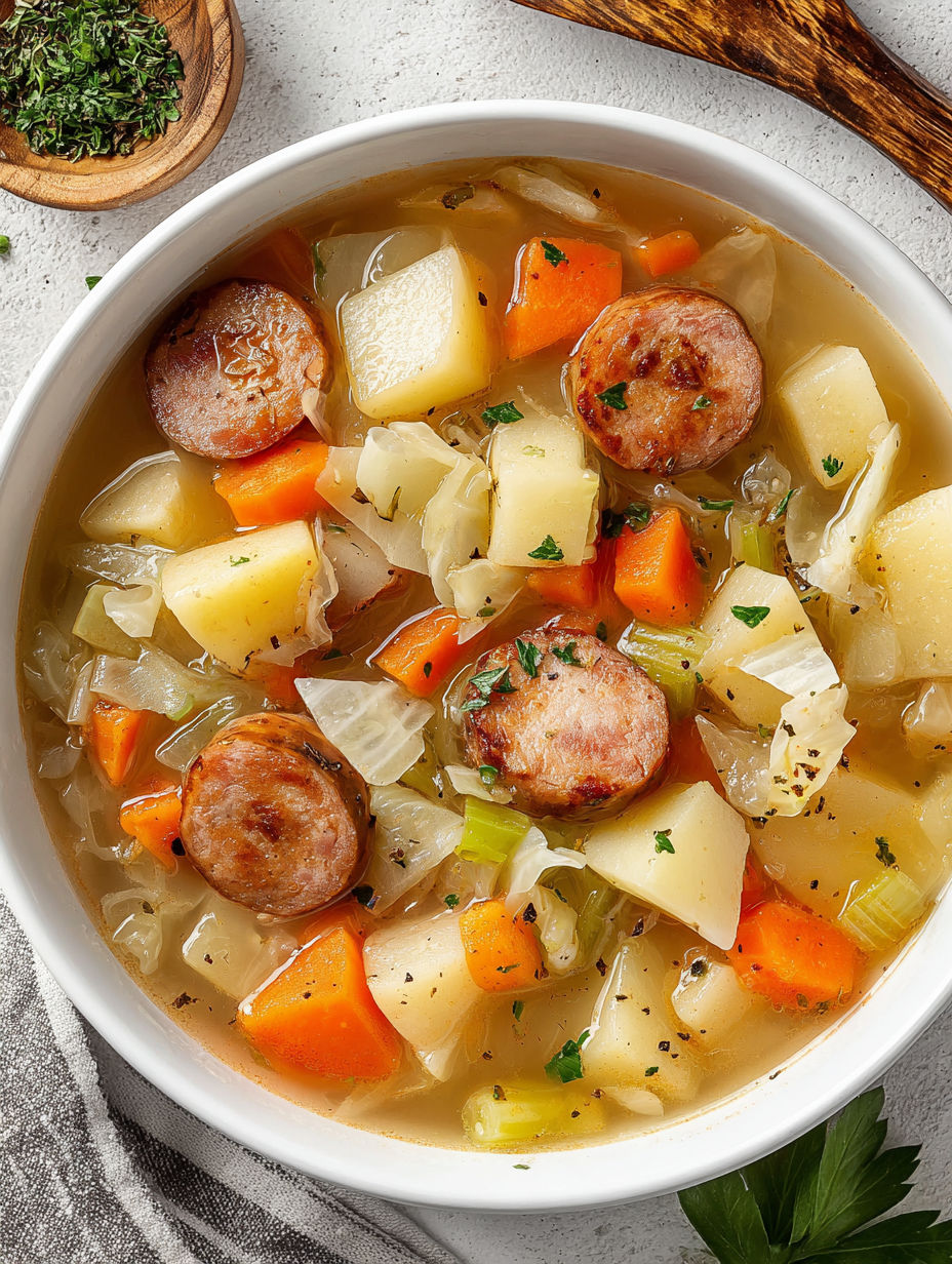 A bowl of soup with sausage, cabbage and potatoes.