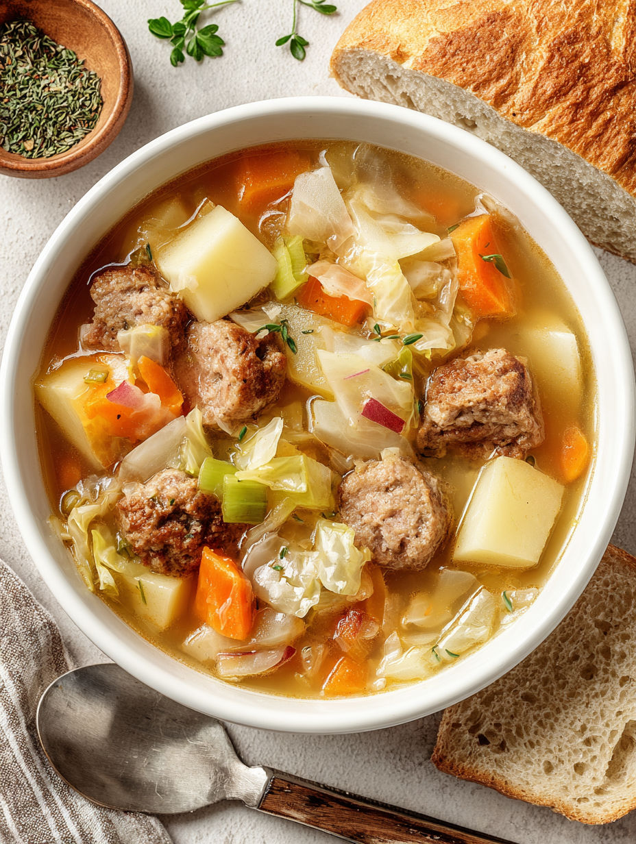 A bowl of soup with meat, cabbage and potatoes.