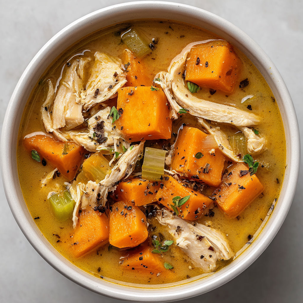 A bowl of soup with chicken and sweet potatoes.