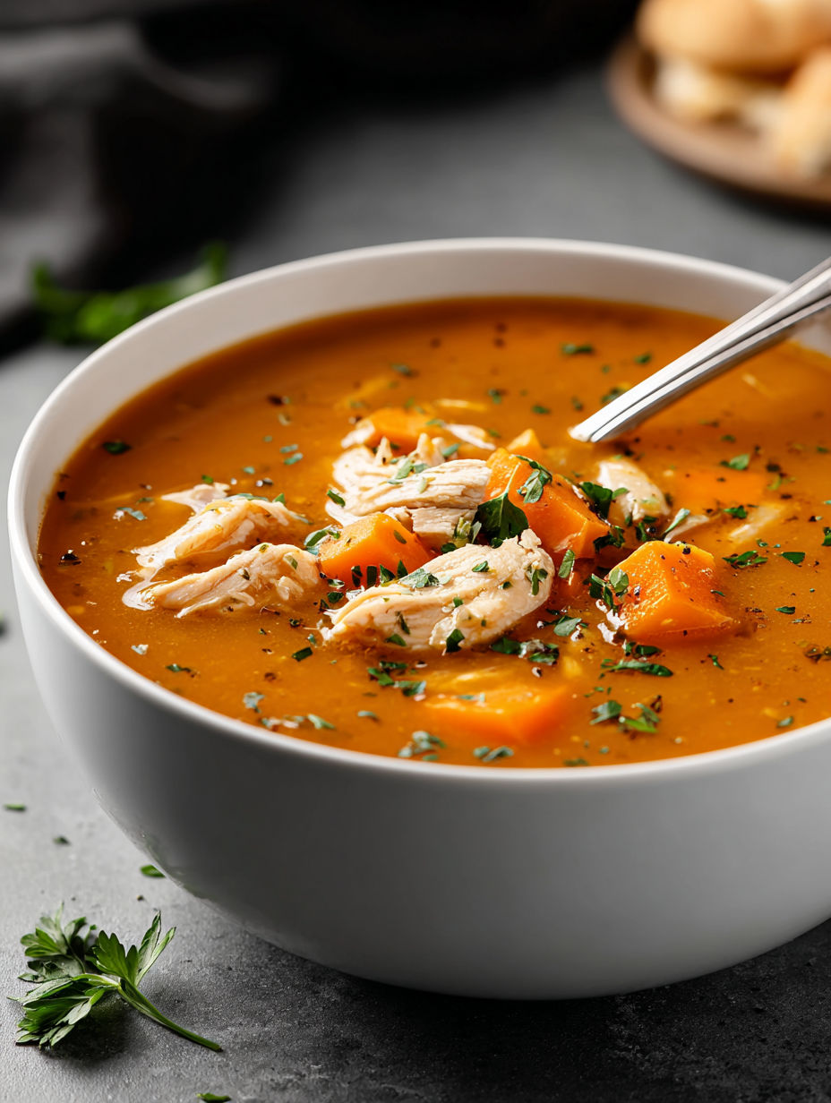 A bowl of soup with chicken and sweet potatoes.