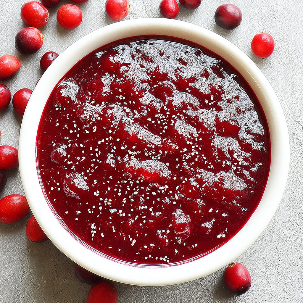 A bowl of cranberry sauce with cranberries around it.