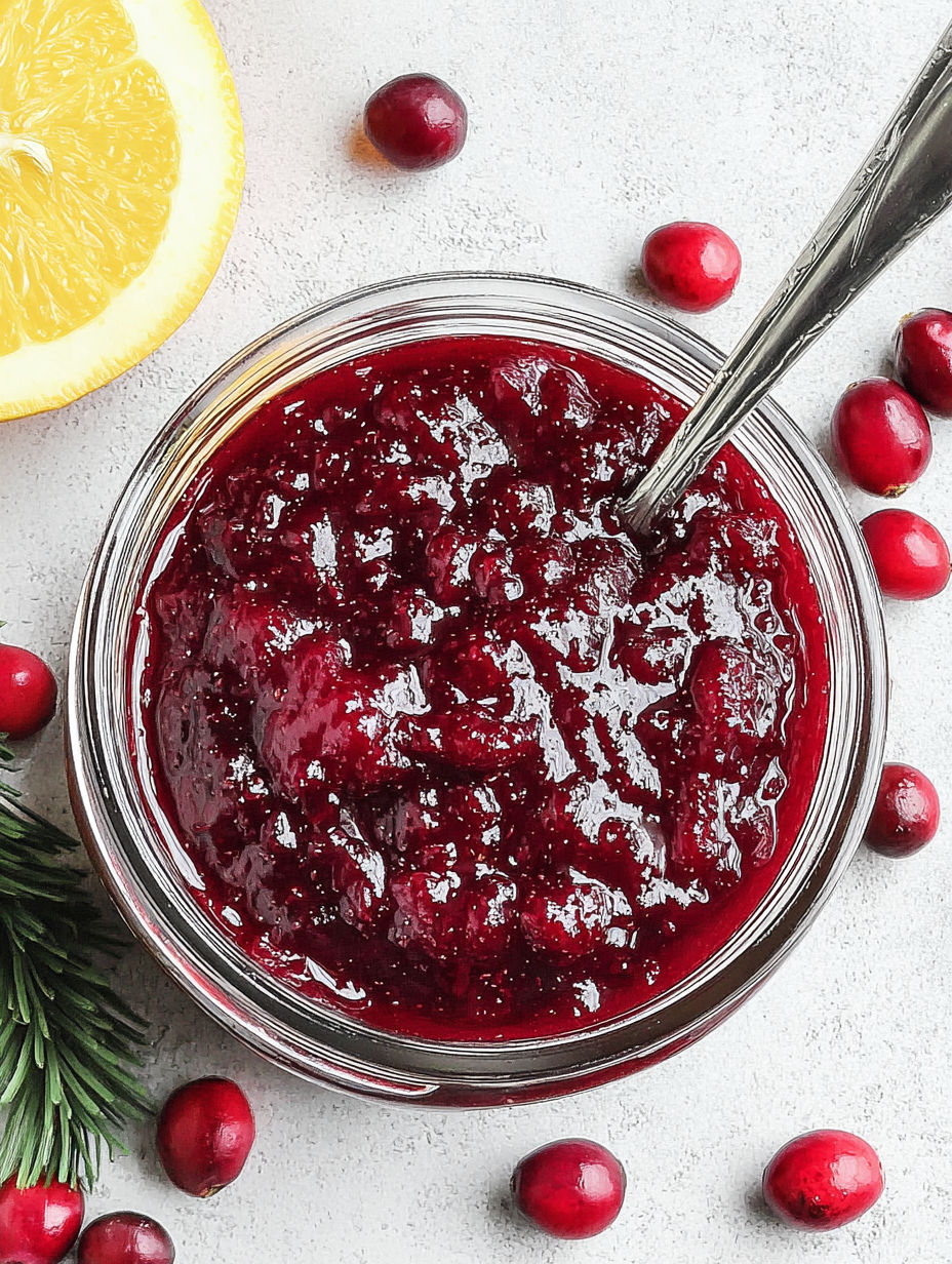 A jar of cranberry sauce with a spoon in it.