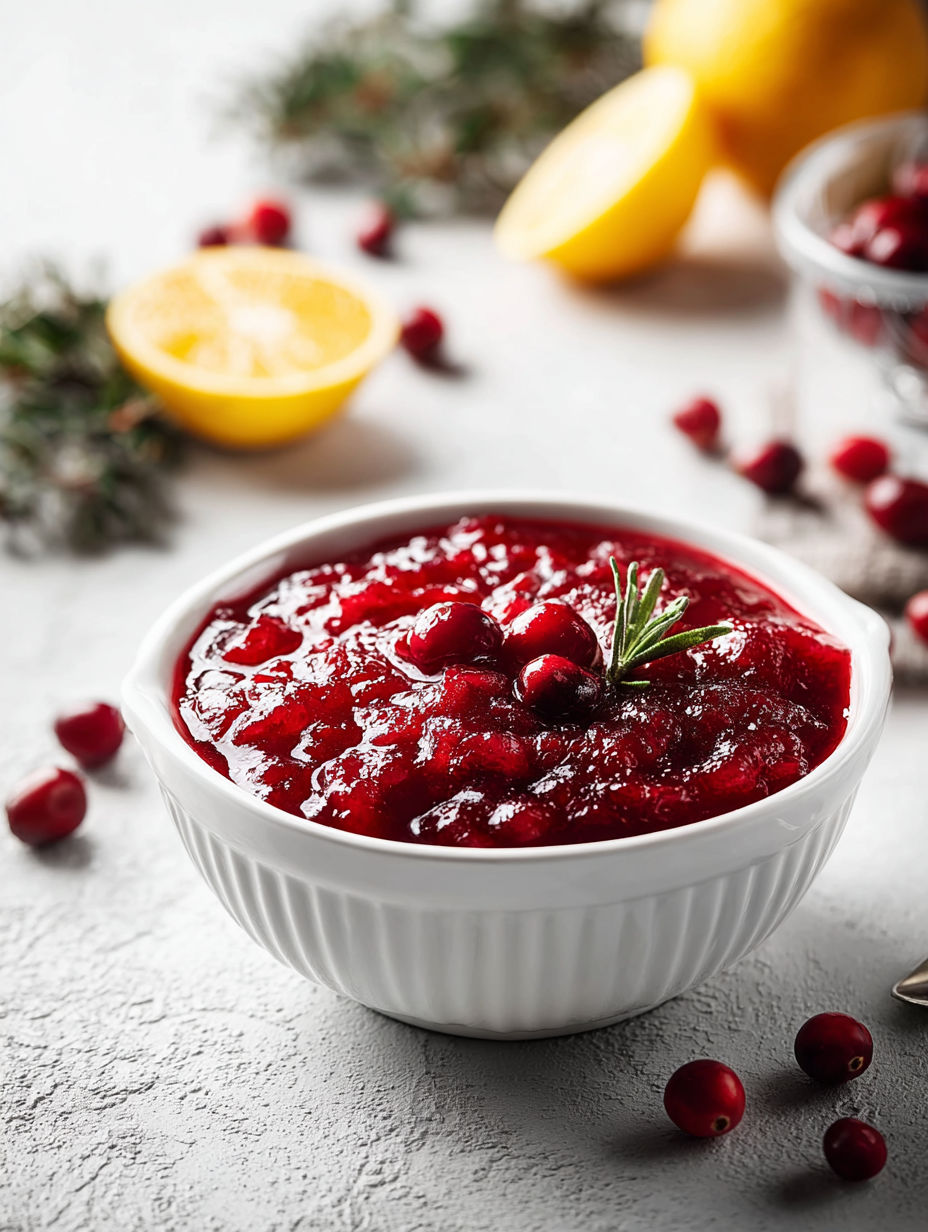 A bowl of cranberry sauce with a lemon wedge on top.