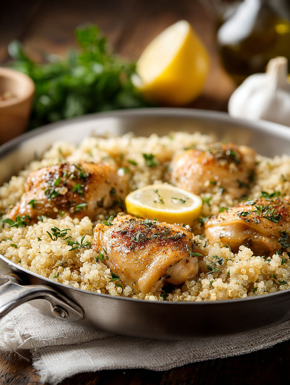 A pan of chicken with lemon and herbs.