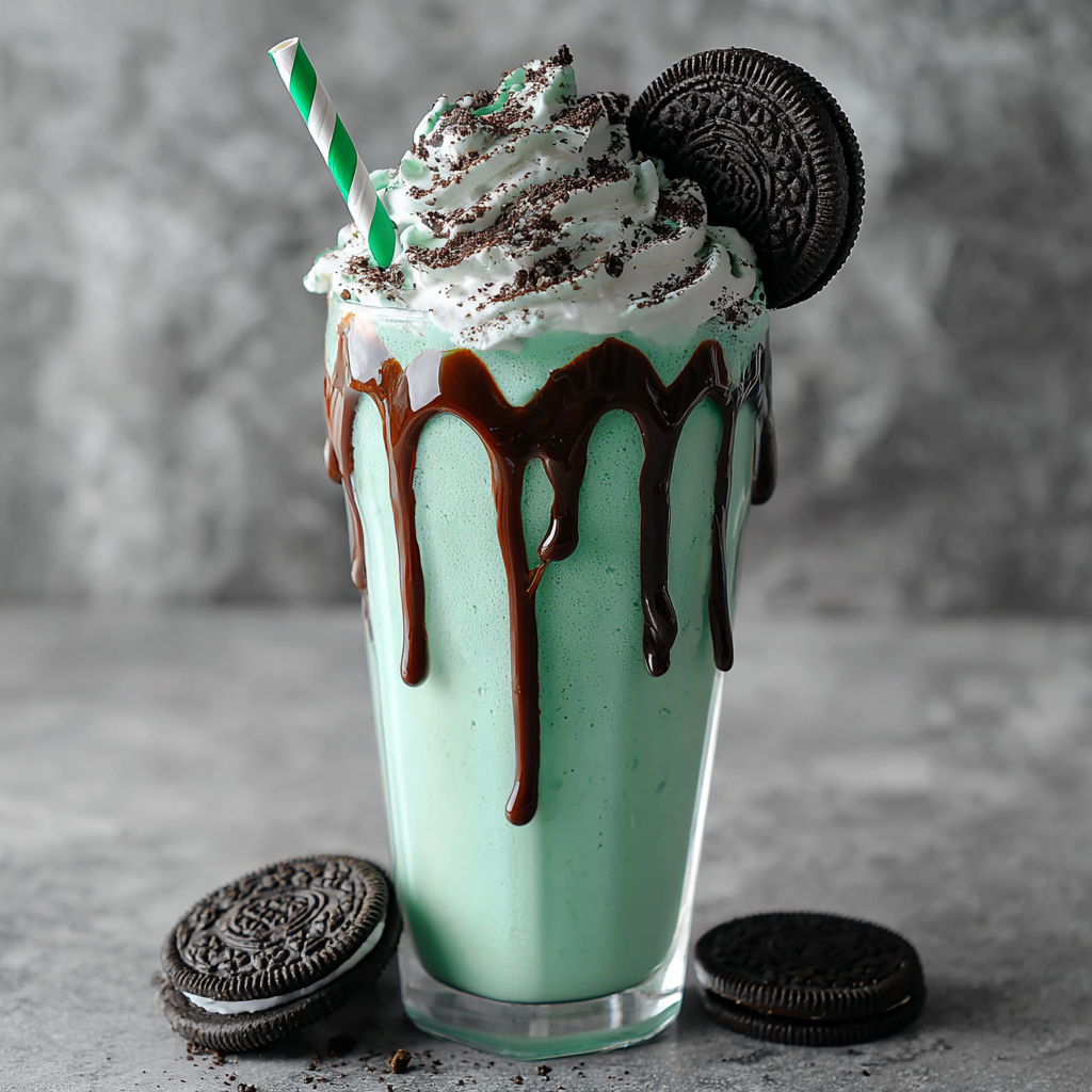 A green milkshake with cookies and cream.