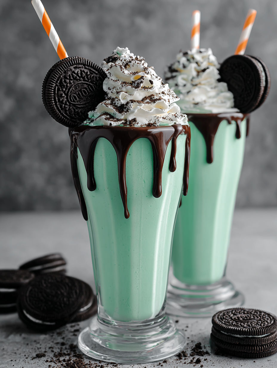 Two green milkshakes with cookies and cream.
