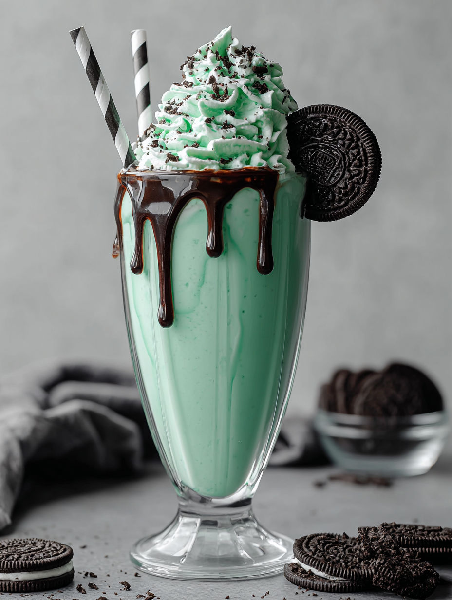 A green milkshake with cookies and cream.