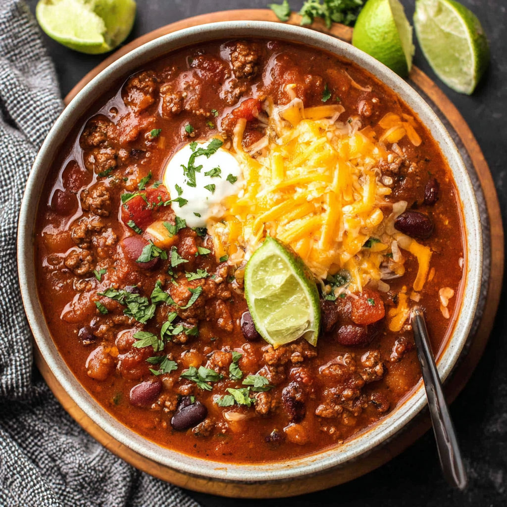A bowl of chili with a spoon in it.