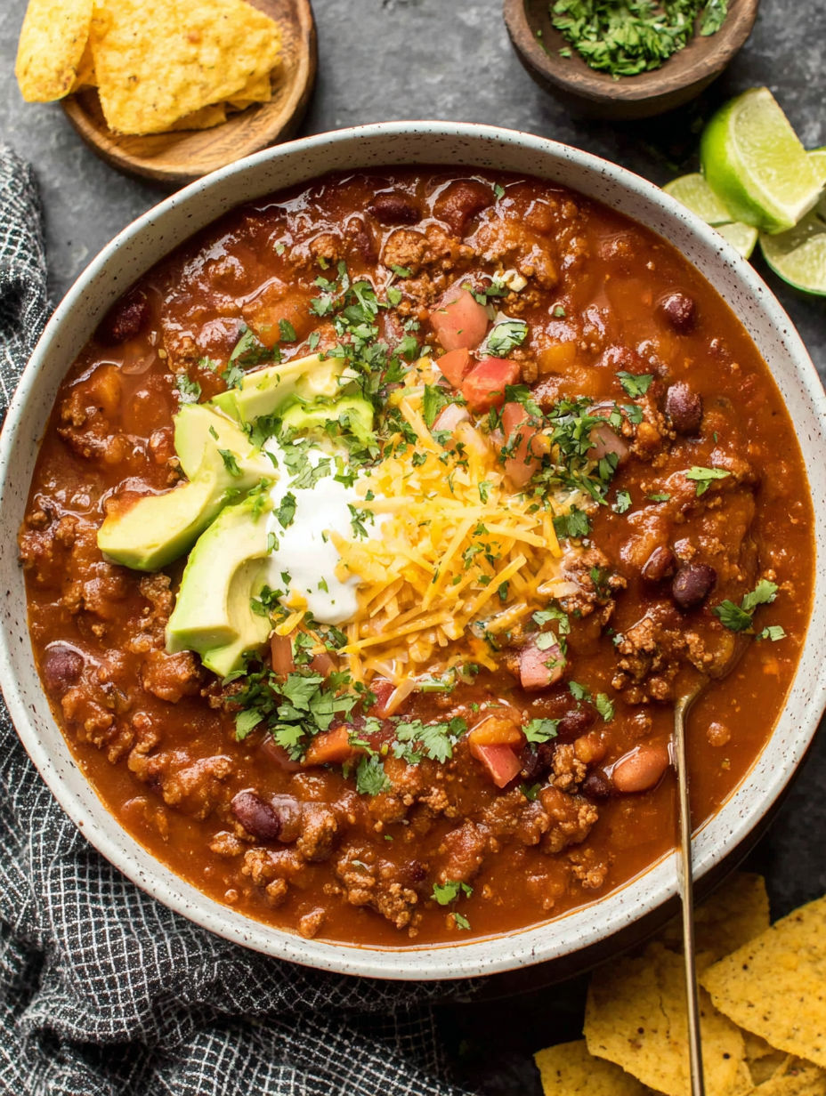 A bowl of chili with a spoon in it.
