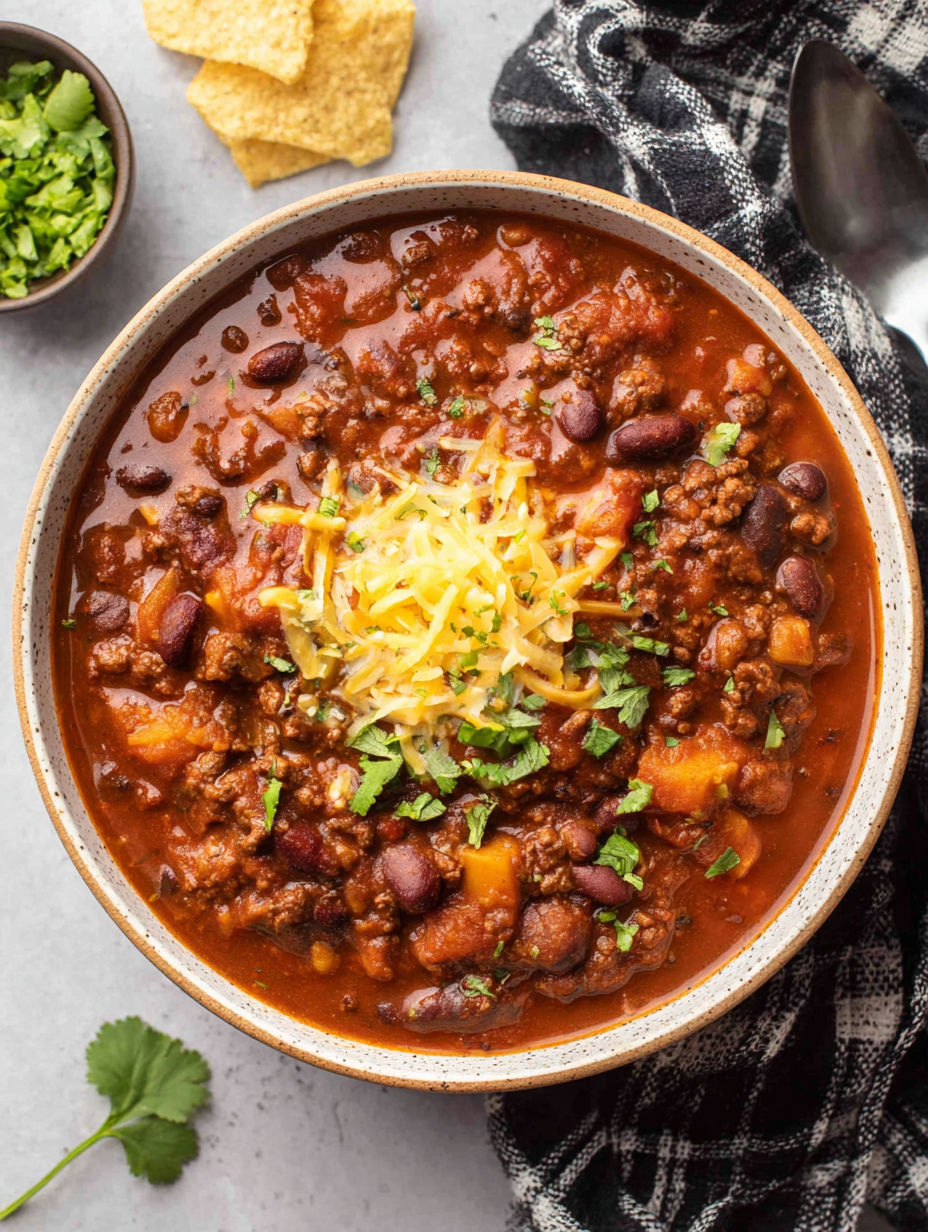 A bowl of chili with cheese on top.