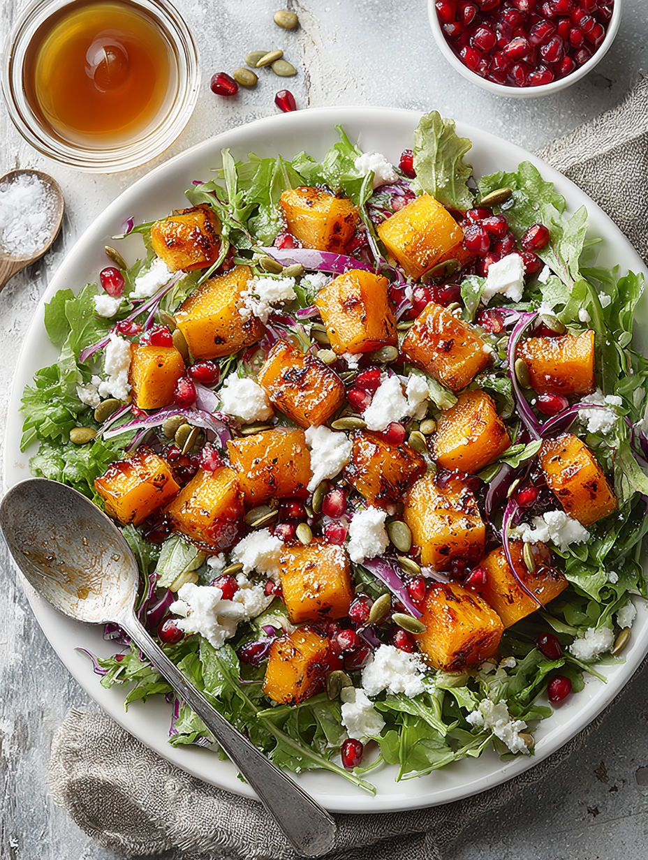 A plate of roasted butternut squash and pomegranate salad.