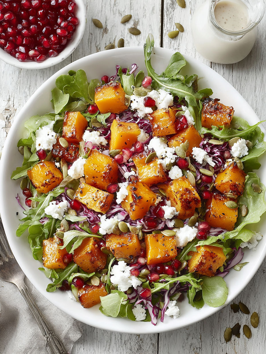 A salad with roasted butternut squash and pomegranate.