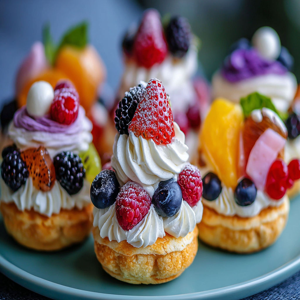 A plate of mini desserts with fruit toppings.