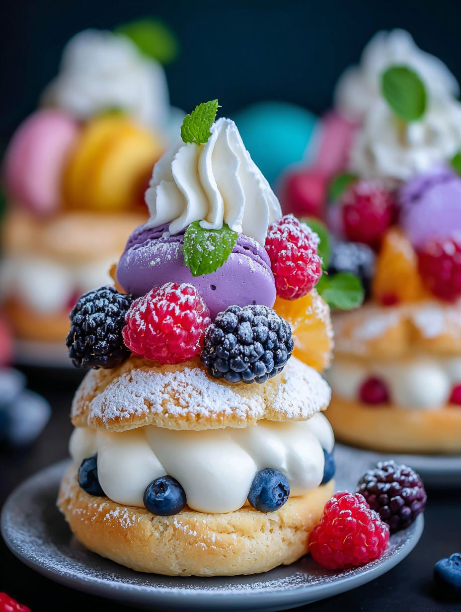 A stack of desserts with blueberries and raspberries on top.