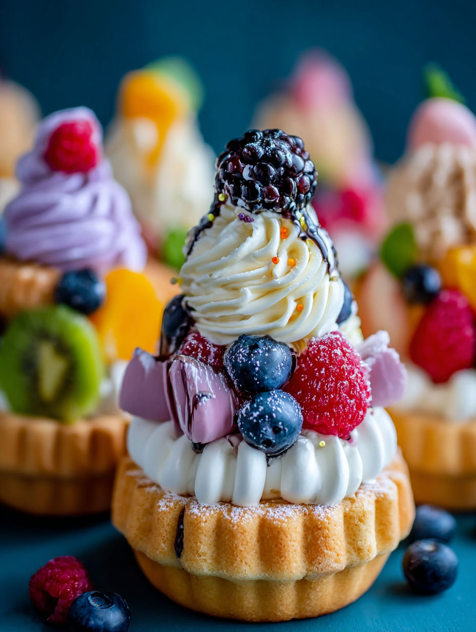 A dessert with blueberries and raspberries on top.