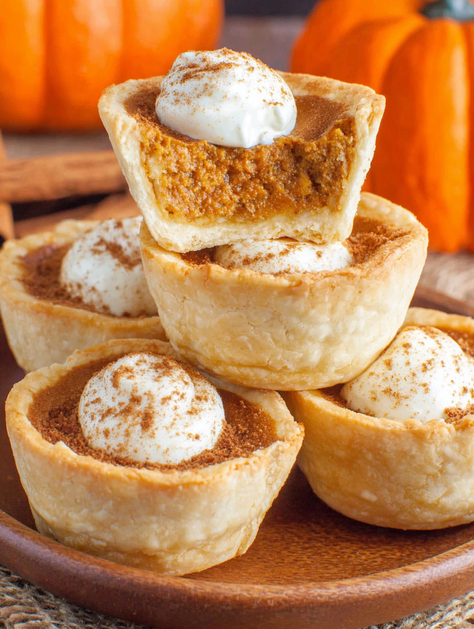 Three mini pumpkin pies with whipped cream.