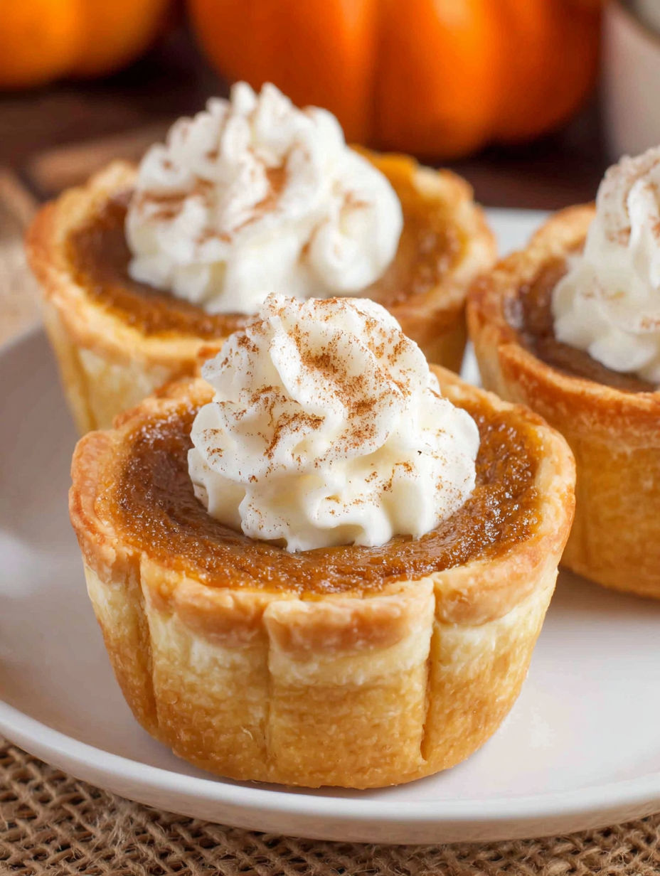 Three mini pumpkin pies with whipped cream.