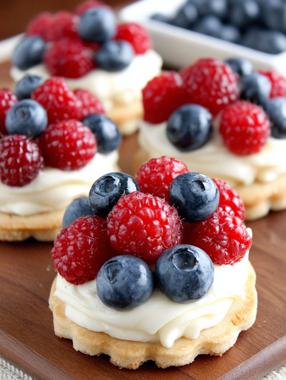 A plate of mini fruit pizza cookies with blueberries and raspberries.