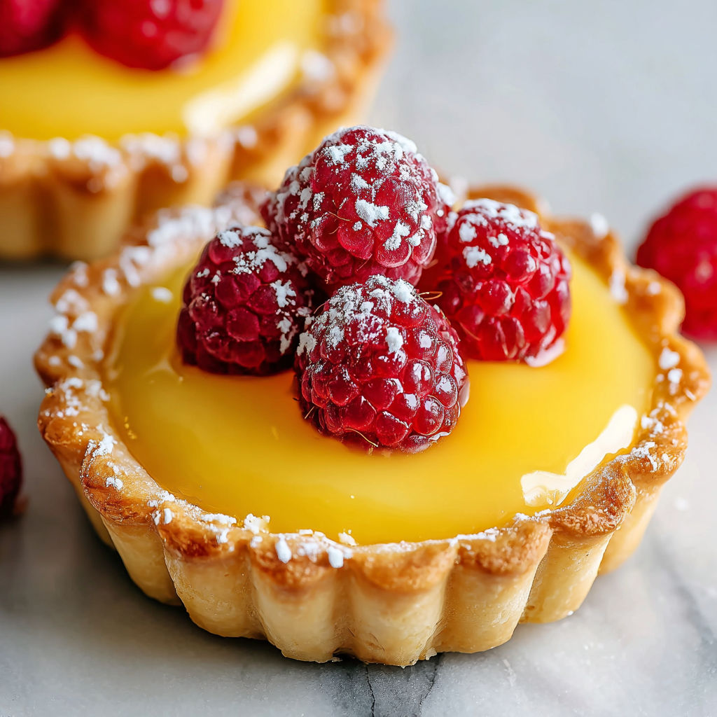 A small pastry with raspberries and lemon filling.
