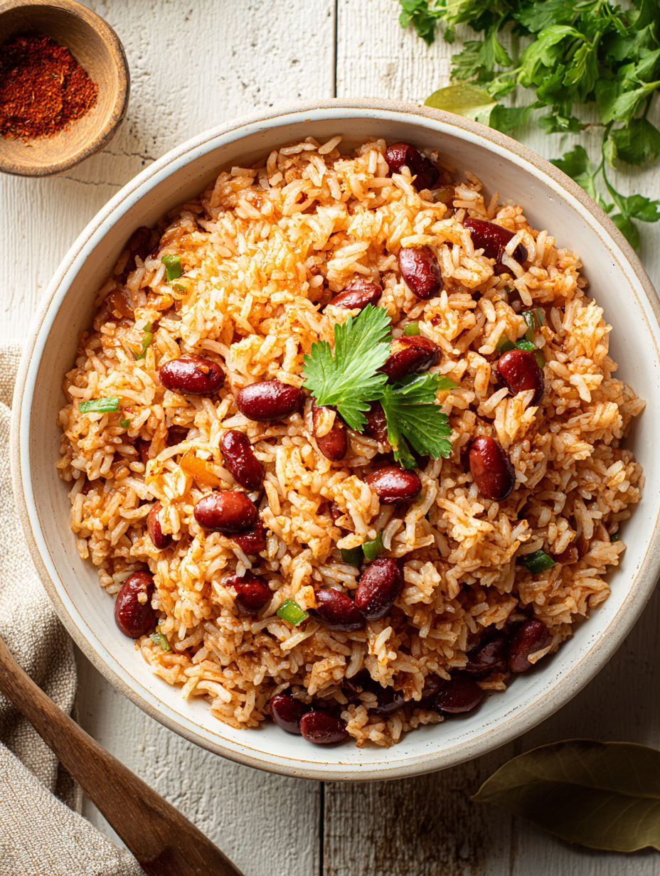 A bowl of rice with red beans.