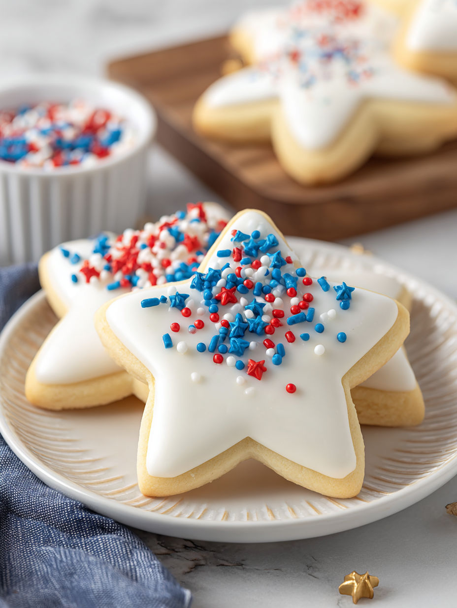 A plate of star-shaped cookies with red, white and blue frosting.