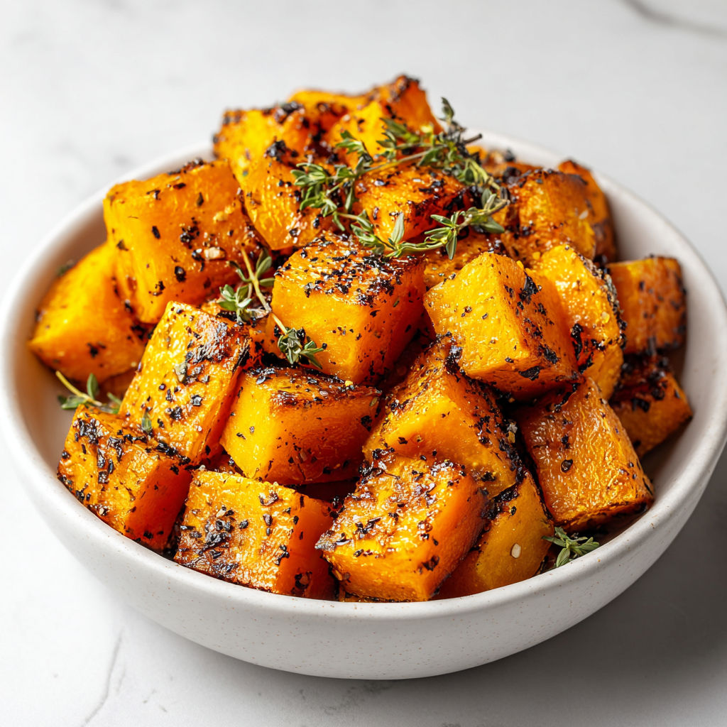 A bowl of roasted pumpkin with spices.