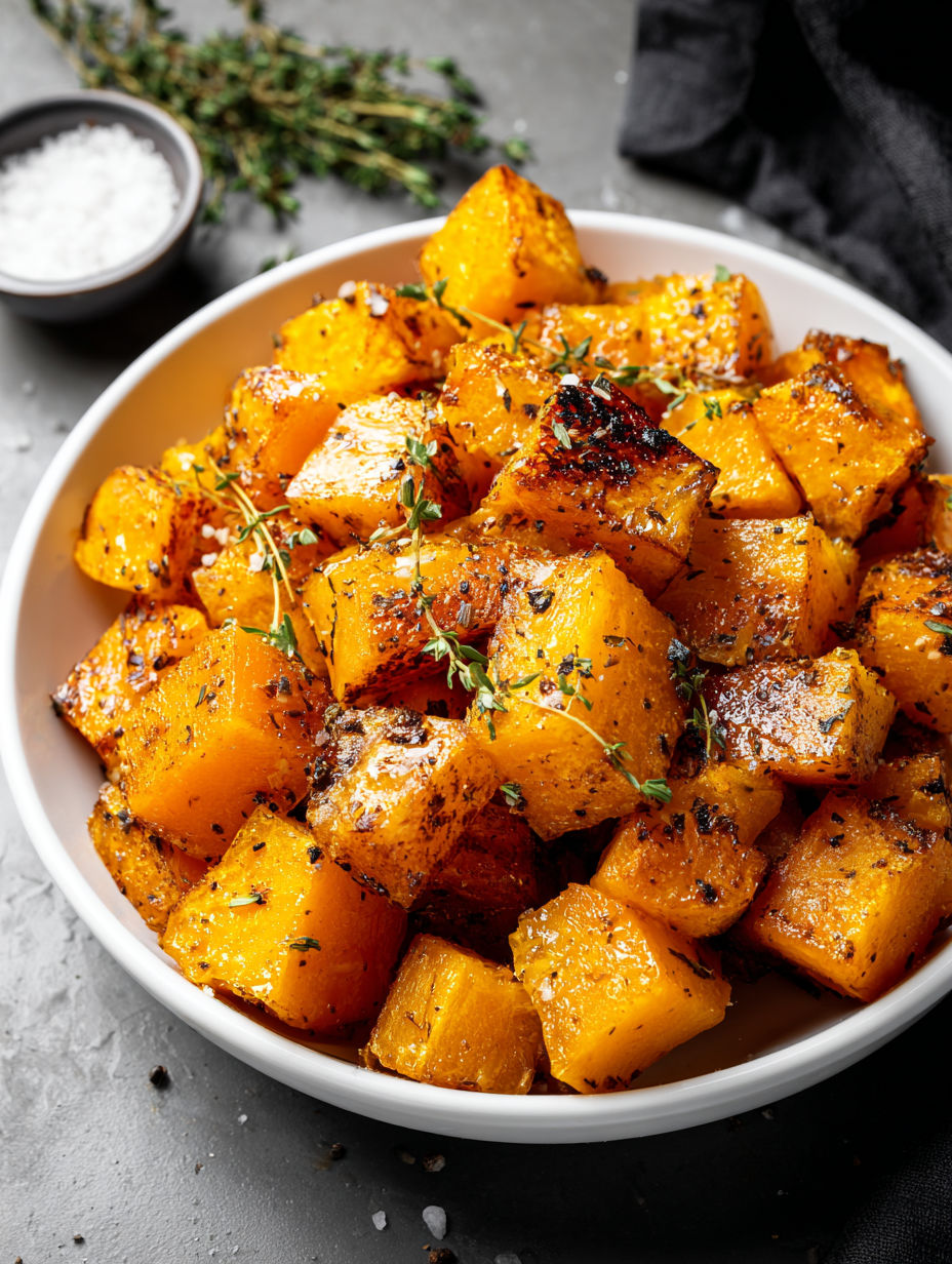 A bowl of roasted pumpkin with herbs on top.