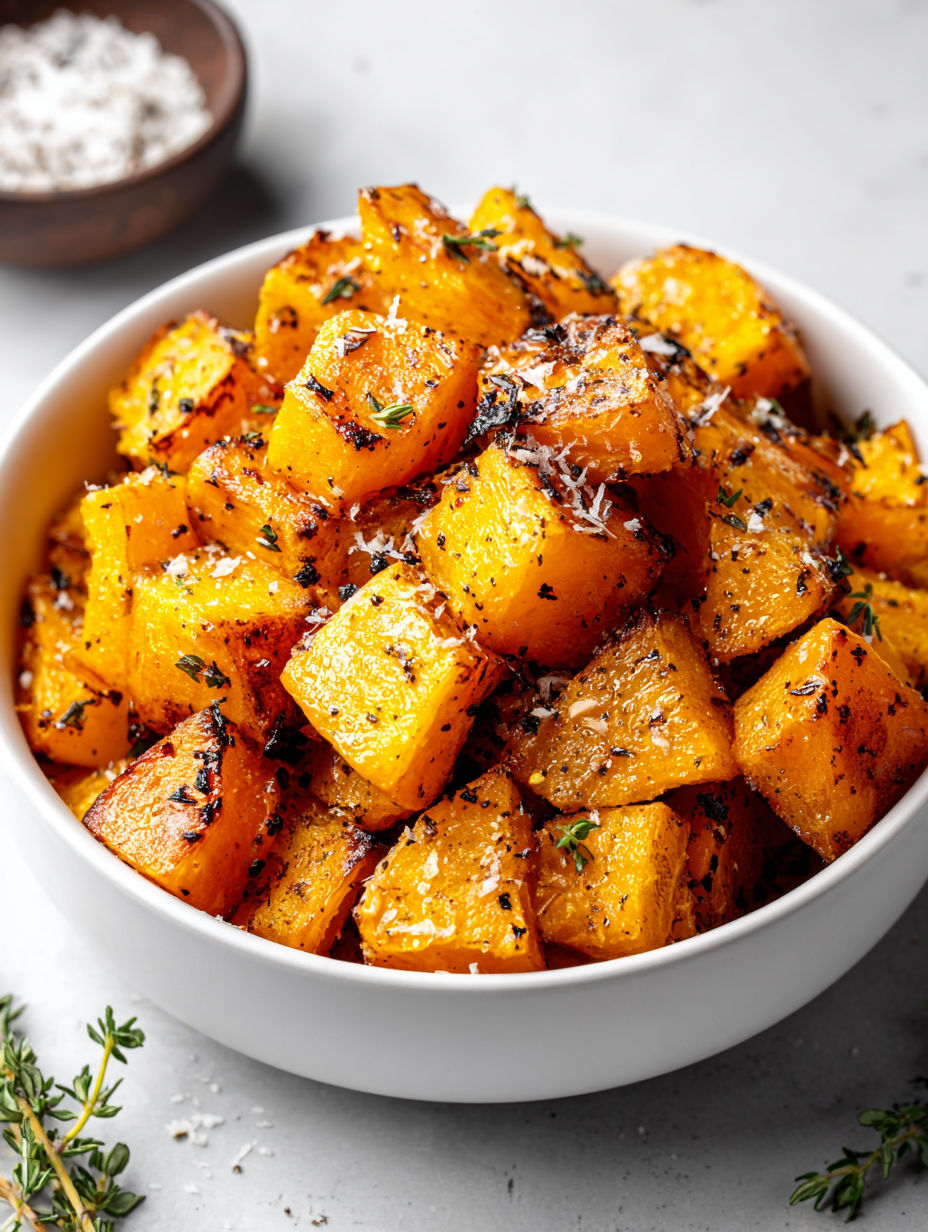 A bowl of roasted pumpkin with spices.