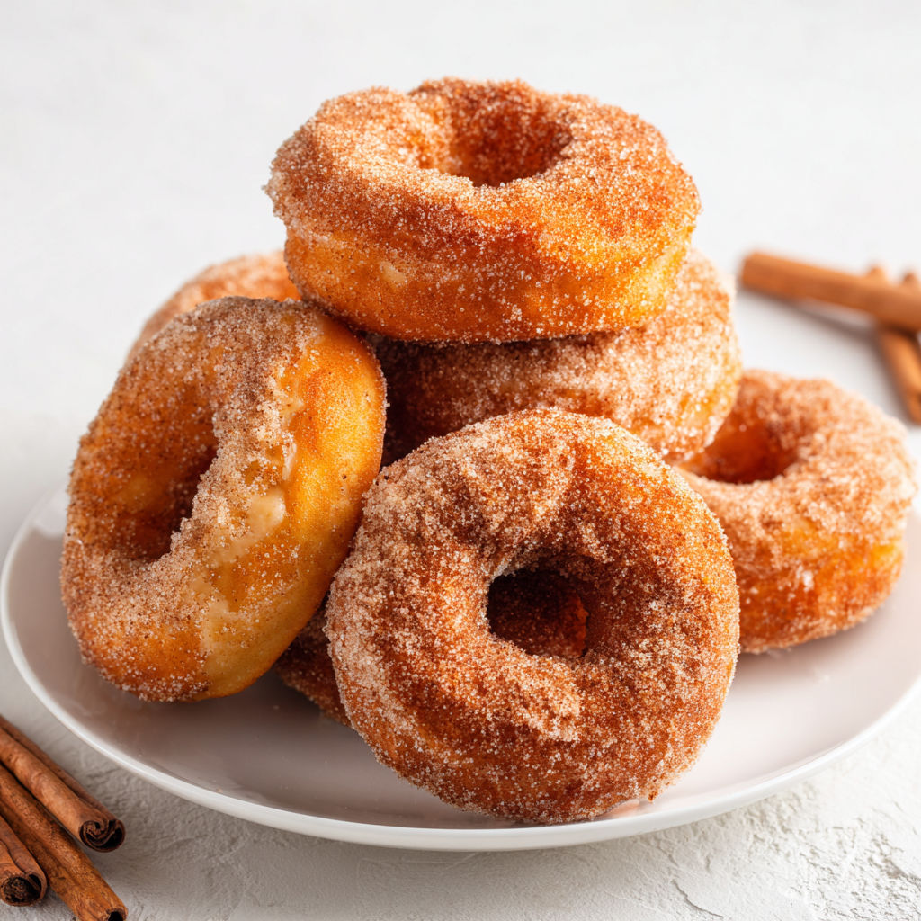 A plate of sugar coated doughnuts.