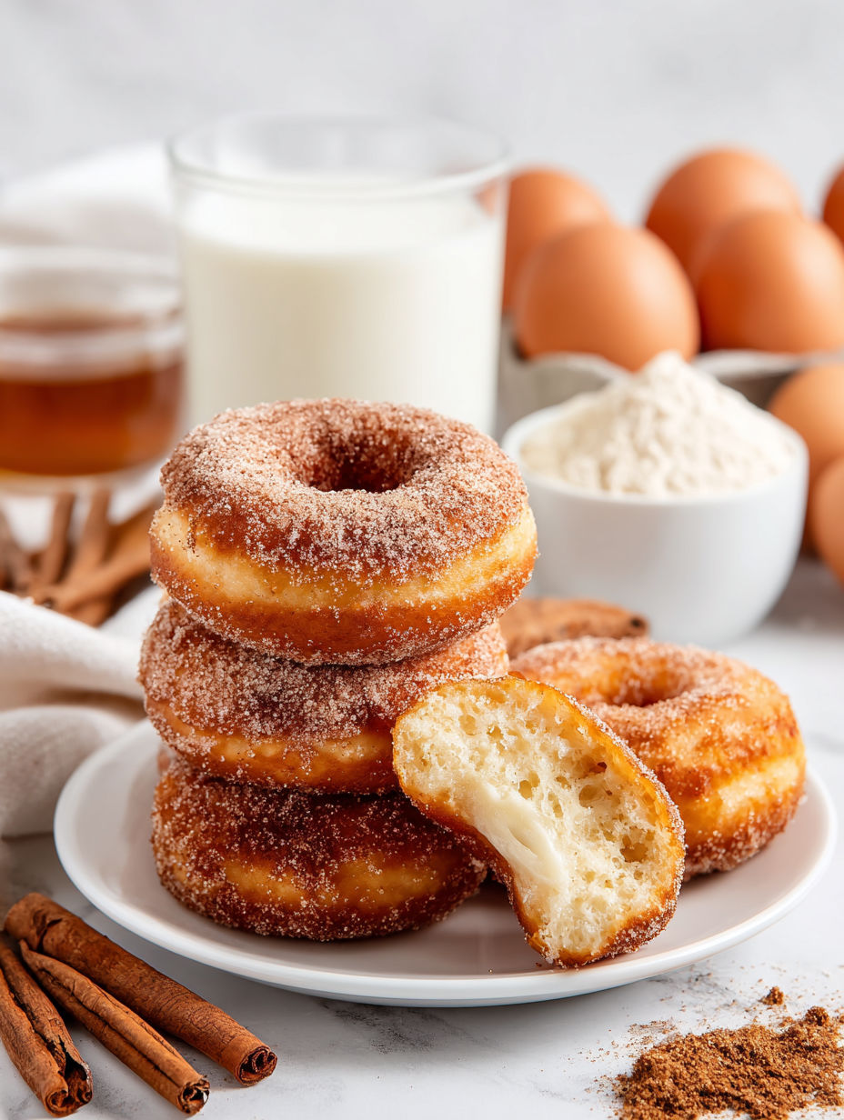 A plate of donuts with powdered sugar on top.
