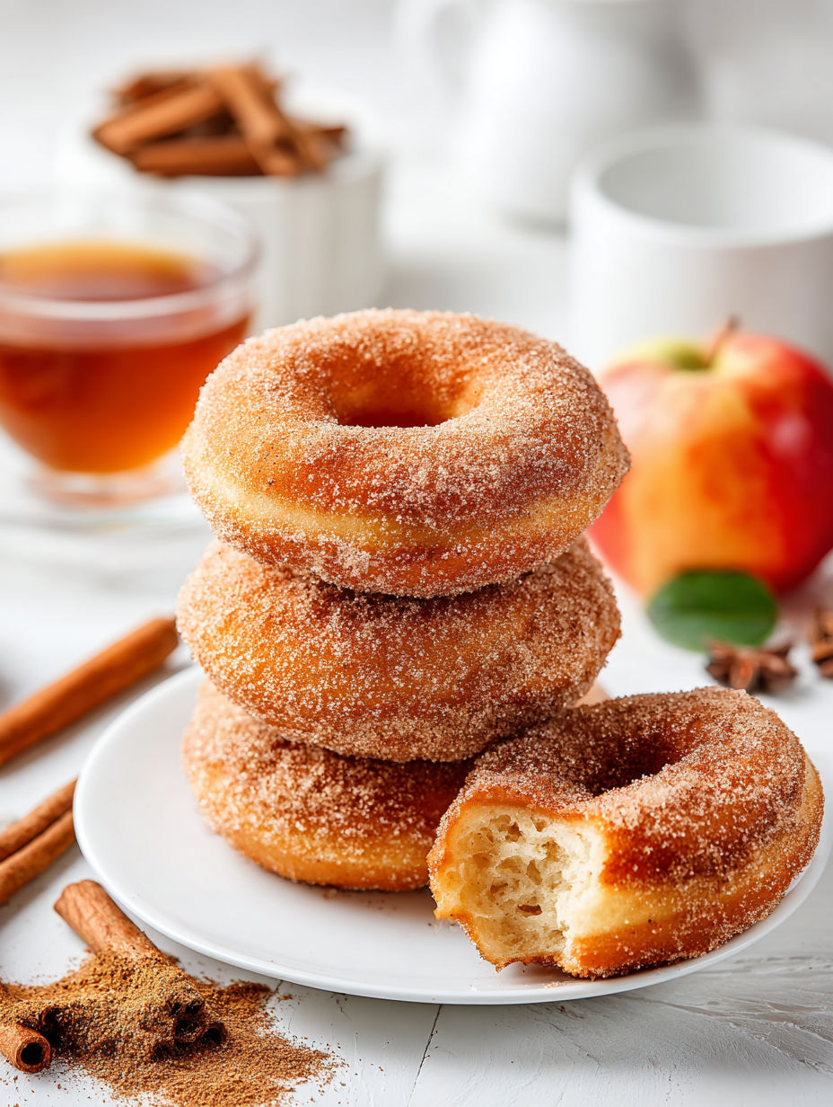 A stack of sugar doughnuts on a plate.