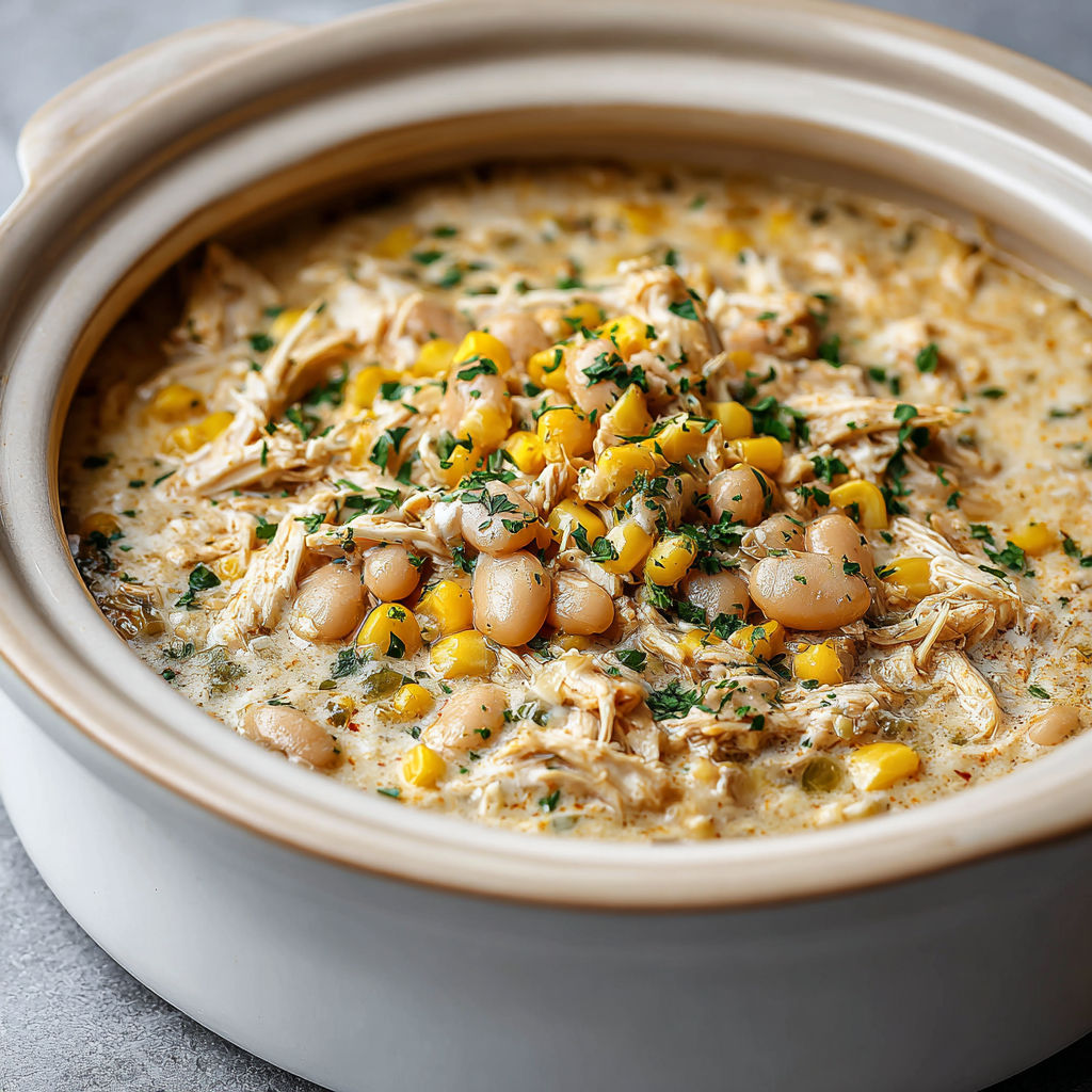 A bowl of chicken chili with corn and beans.