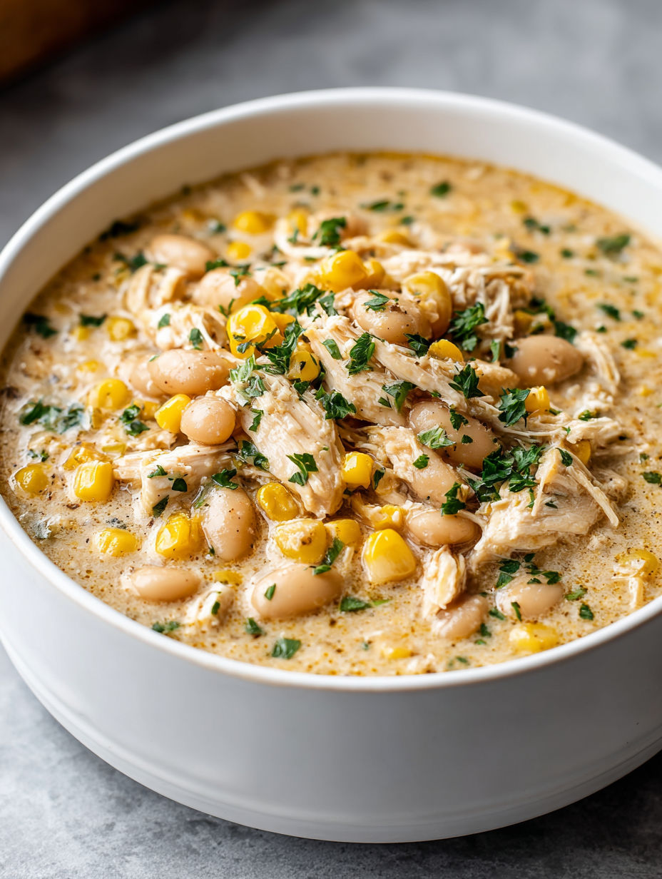 A bowl of chicken chili with corn and beans.
