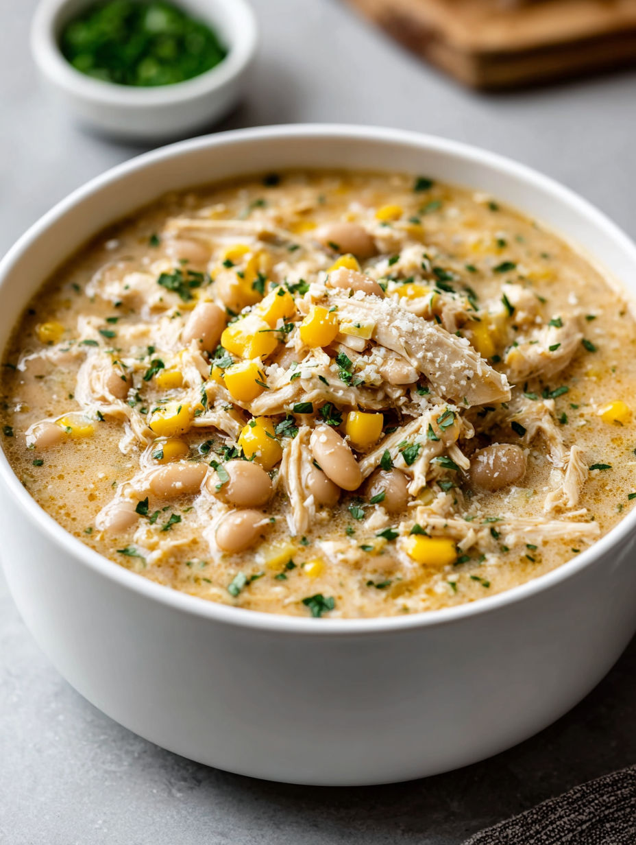 A bowl of chicken chili with corn and beans.