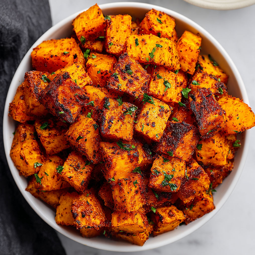 A bowl of cooked pumpkin cubes.
