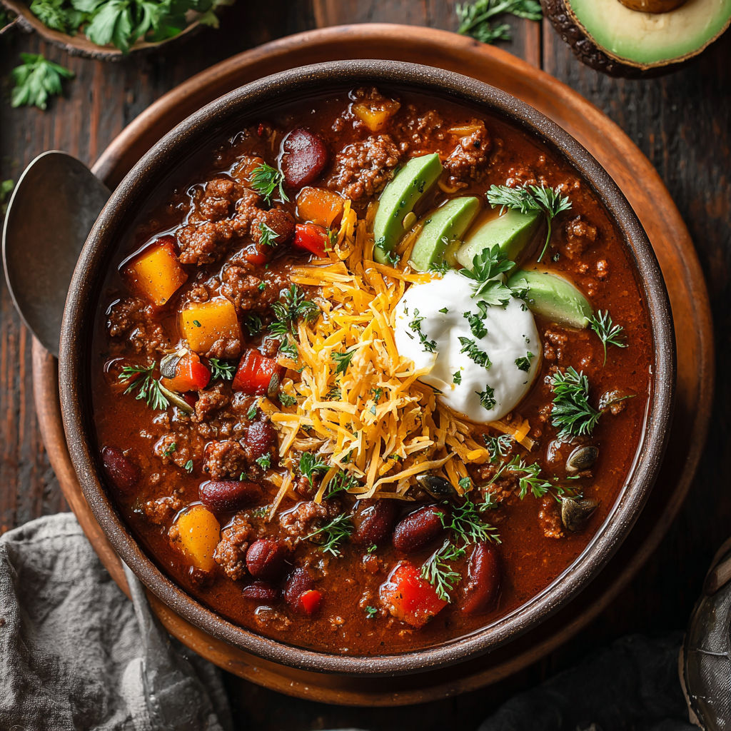 A bowl of chili with a dollop of sour cream on top.