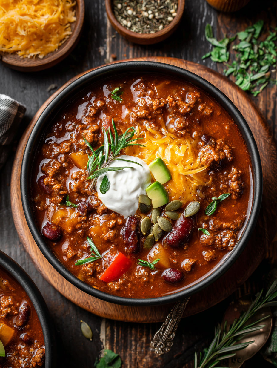 A bowl of chili with a dollop of sour cream and a sprinkle of cheese.
