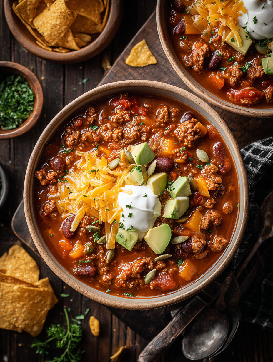 A bowl of chili with a dollop of sour cream and a sprinkle of cheese.