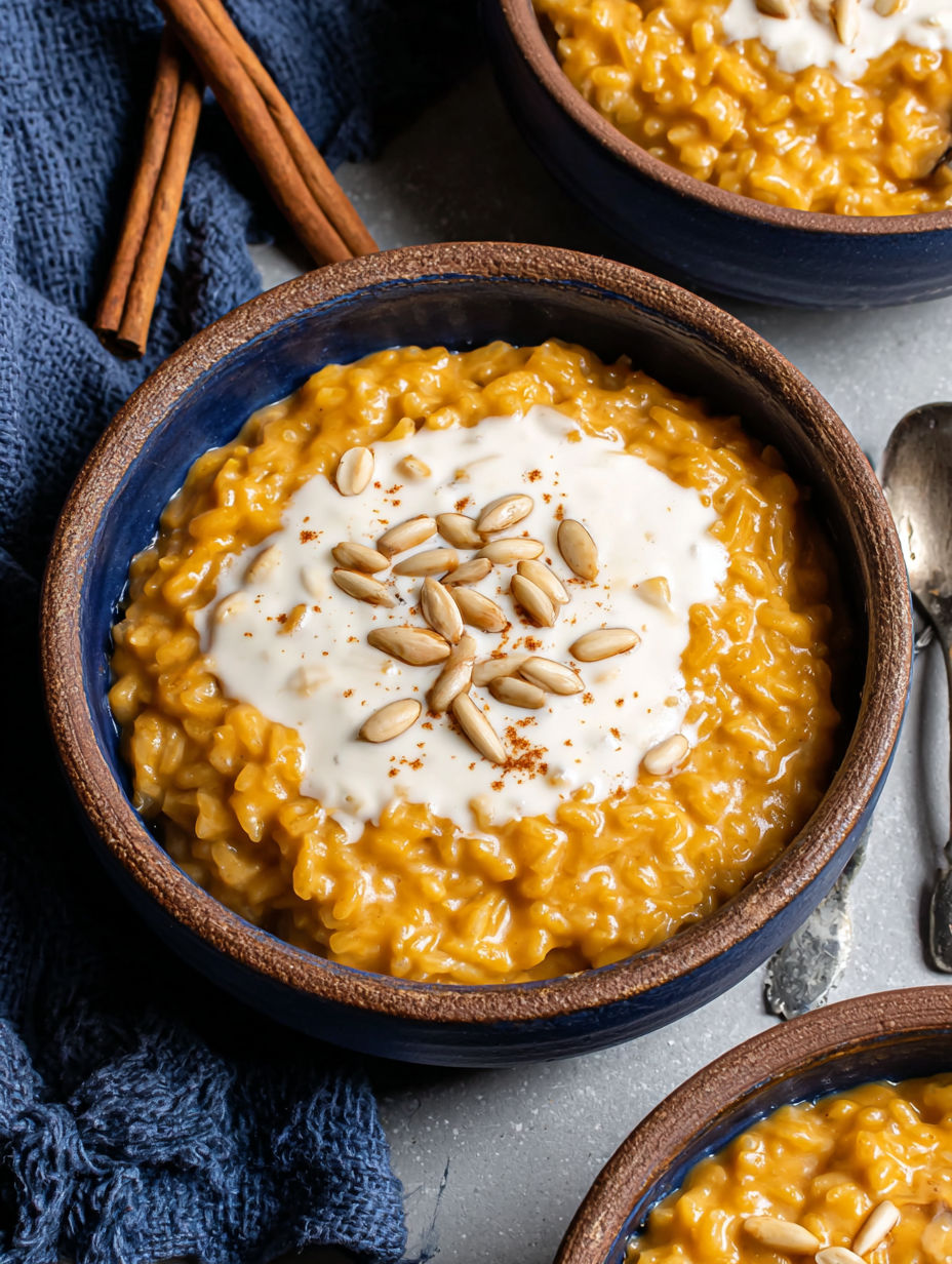 A bowl of soup with a spoon in it.