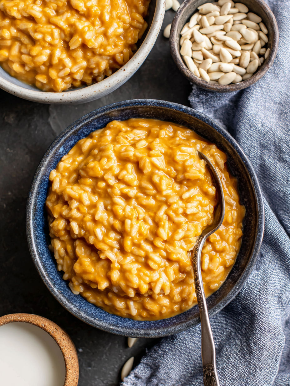 A bowl of rice with a spoon in it.