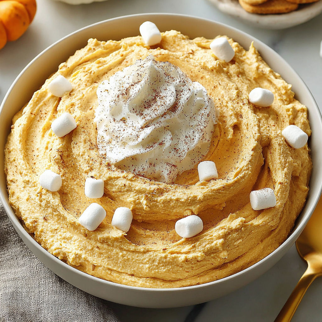 A bowl of creamy pumpkin fluff dip with marshmallows on top.