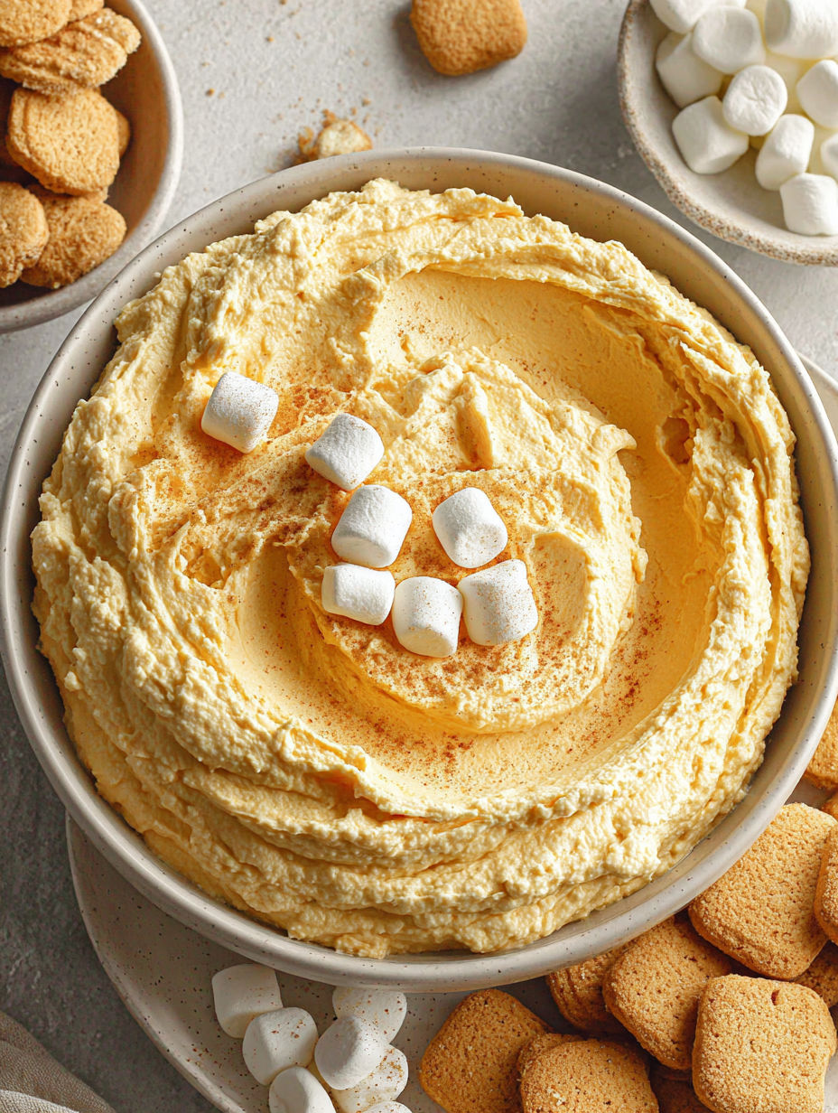 A bowl of creamy dip with marshmallows on top.