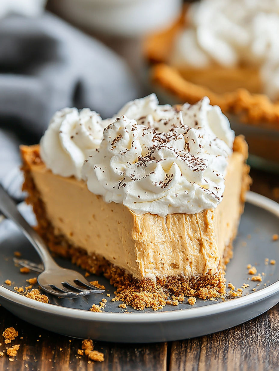 A slice of pie with whipped cream on top.