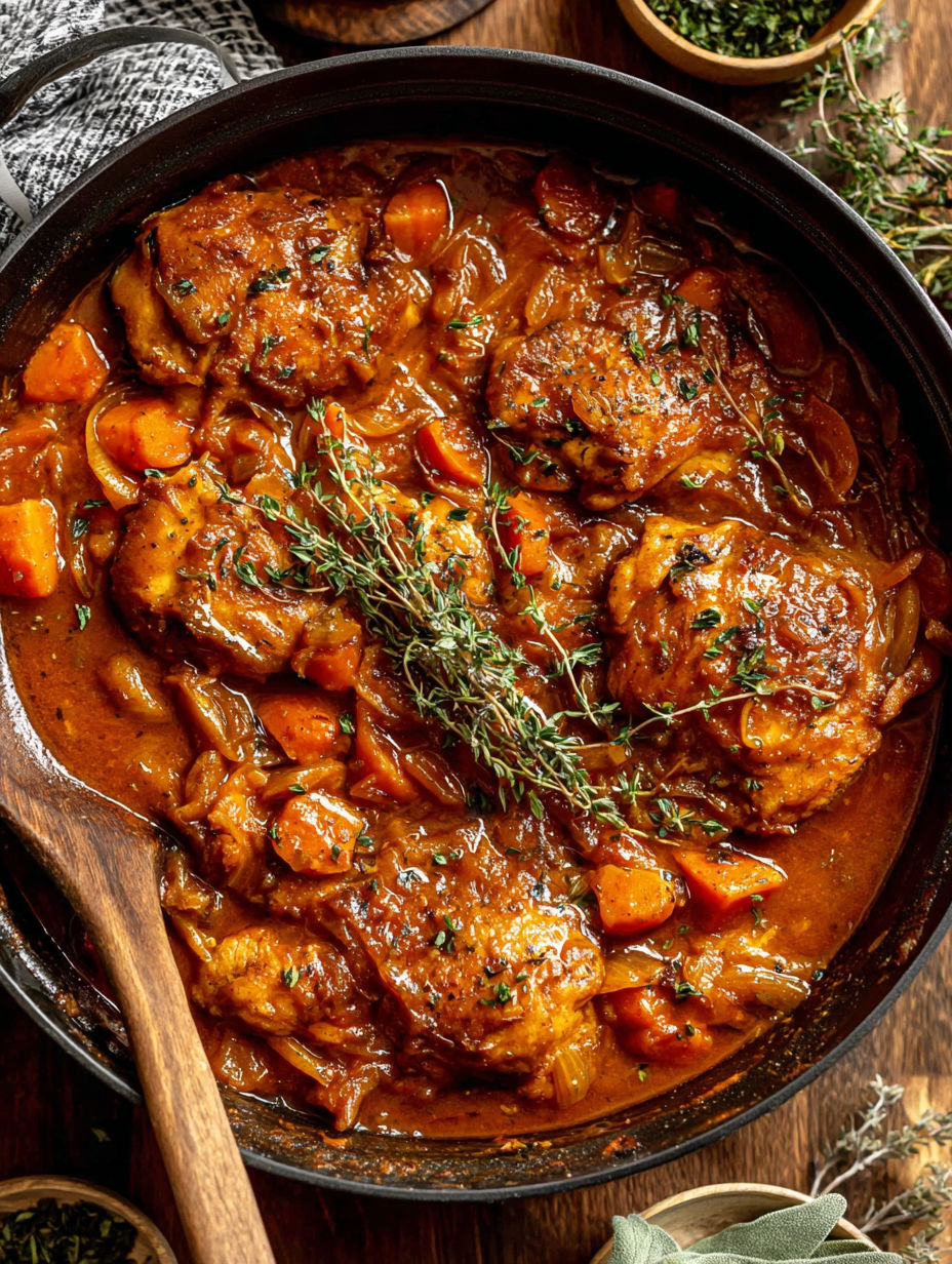 A bowl of chicken with a sprig of rosemary on top.