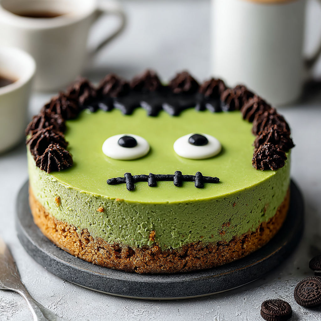 A Frankenstein-themed cheesecake with a green frosting.