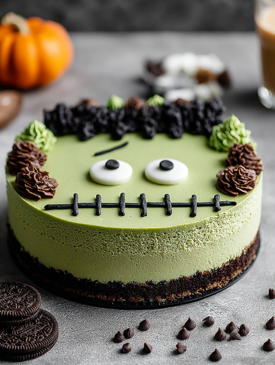 A green Frankenstein cake with chocolate and white frosting.